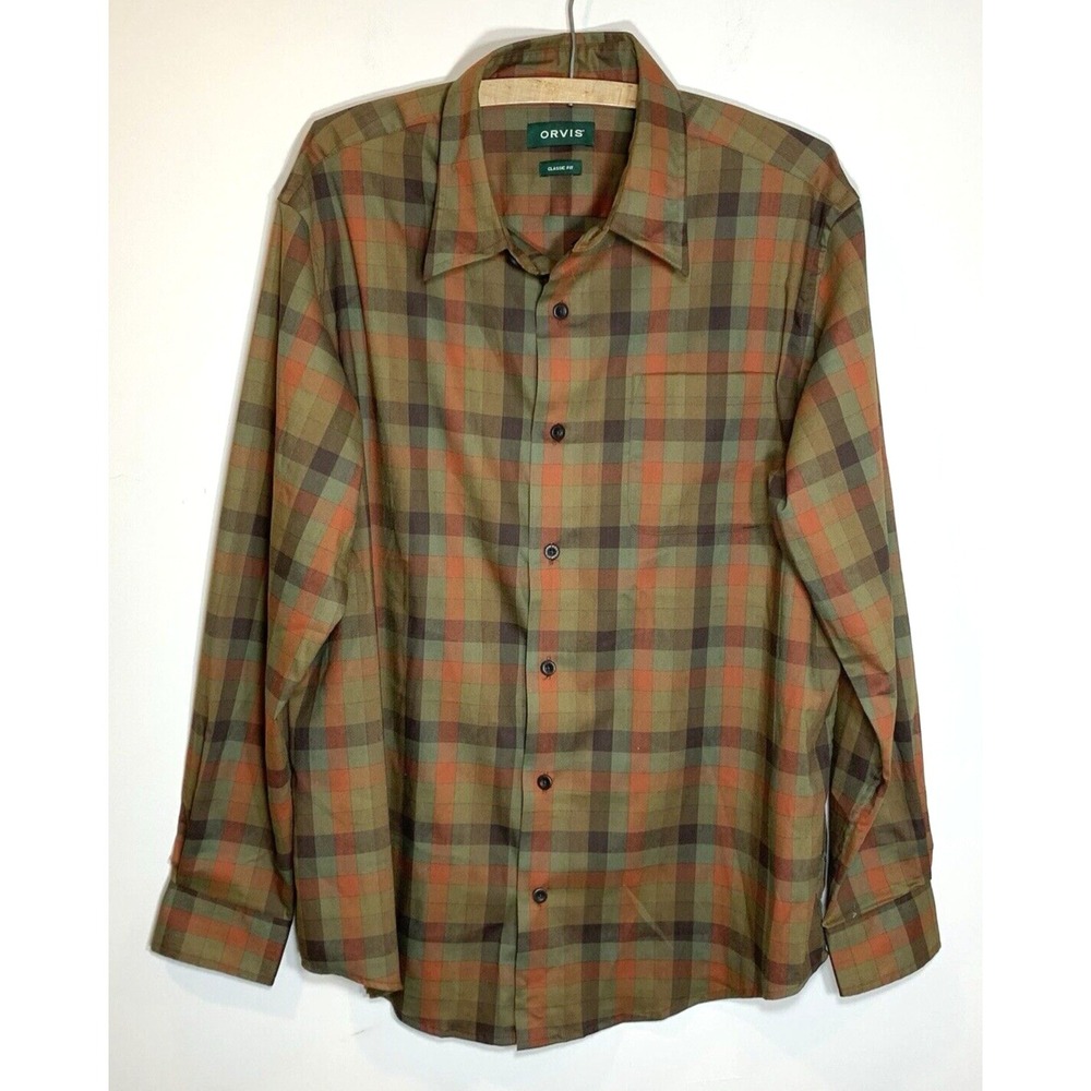 Orvis Shirt Mens Large Brown Plaid Classic Fit Lightweight Poly Wool Blend Soft